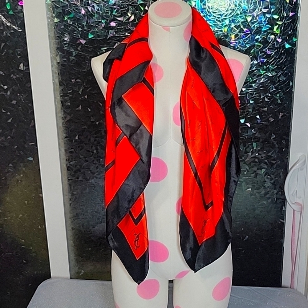 YSL Vintage 1960's 100% Silk Red & Black Monogram Scarf, Necktie, PurseBow
